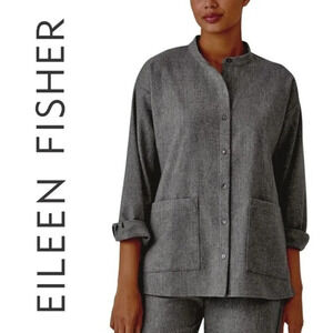 Eileen‎ Fisher, Linen Blend Mandarin Collar Button-down Shirt, Gray